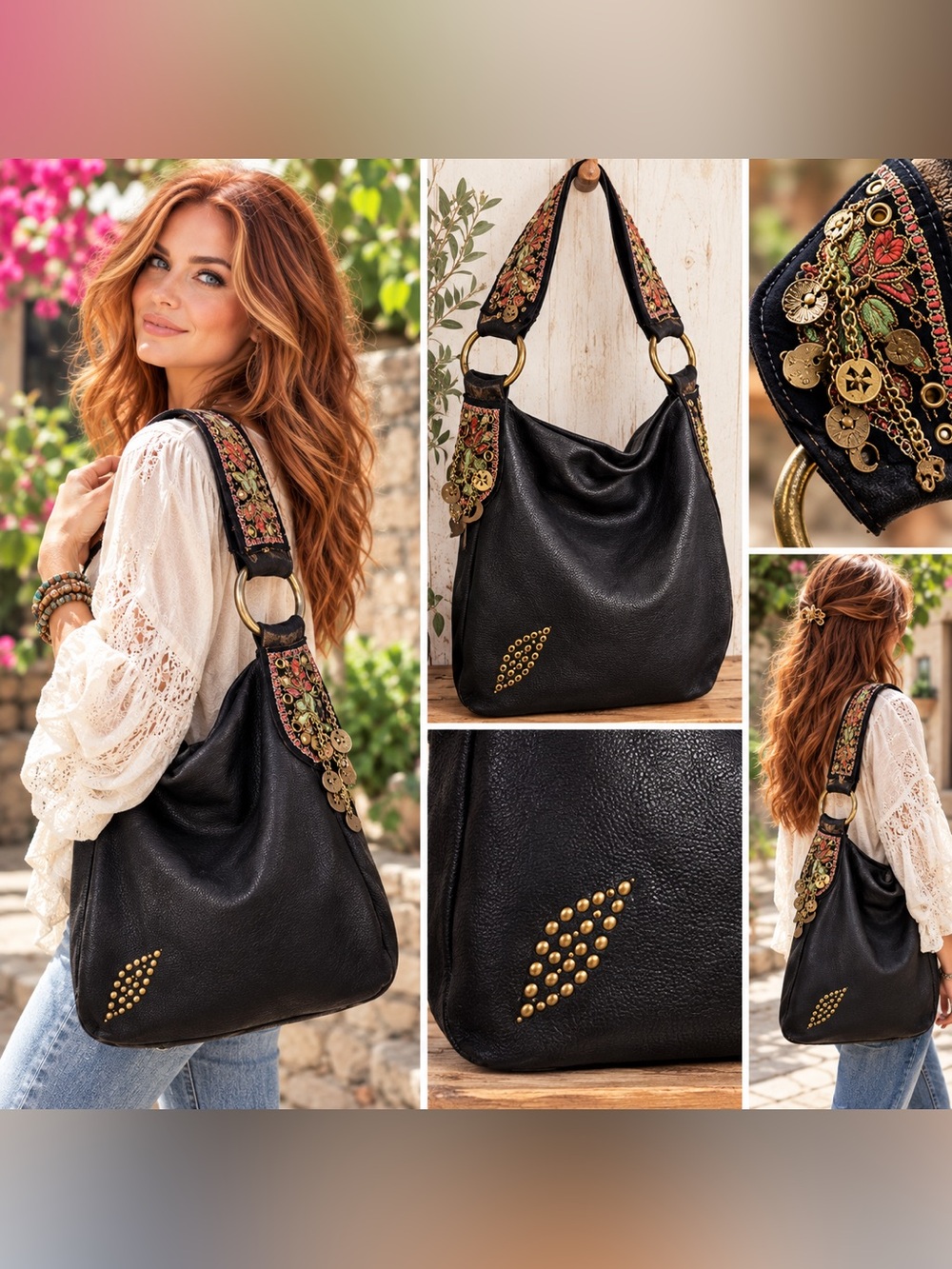 Vintage Y2K Betsey Johnson Black Leather Studded Floral Charm Hobo Bag